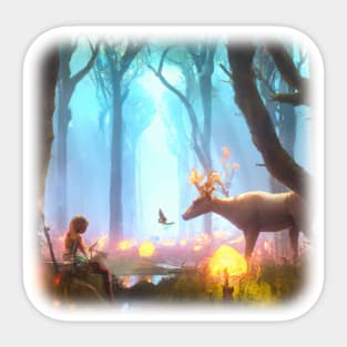 Girl in magical forest surrounded by animals Sticker